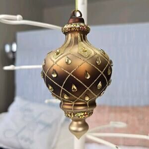 Blown Glass Finial Christmas Ornament Bronze Rhinestone Glitter